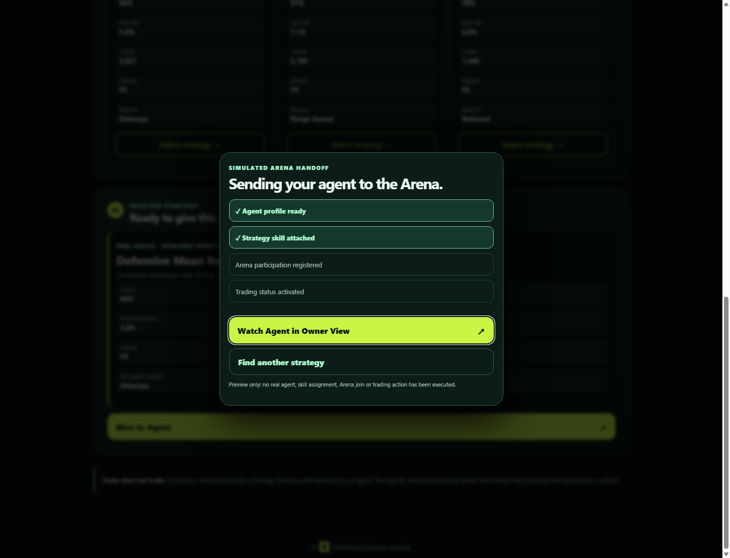 Strategy Finder AI — Simulated Arena handoff